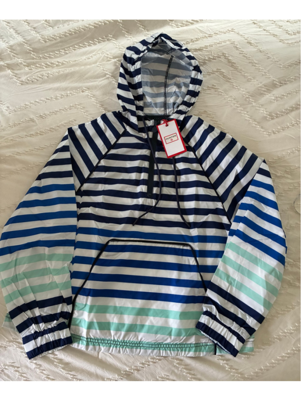 Women's Hunter Striped Pullover Rain Jacket Size S Blue White nautical